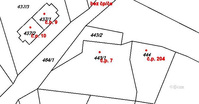Zahořany 7, Vilémov na parcele st. 443/1 v KÚ Vilémov u Kadaně, Katastrální mapa