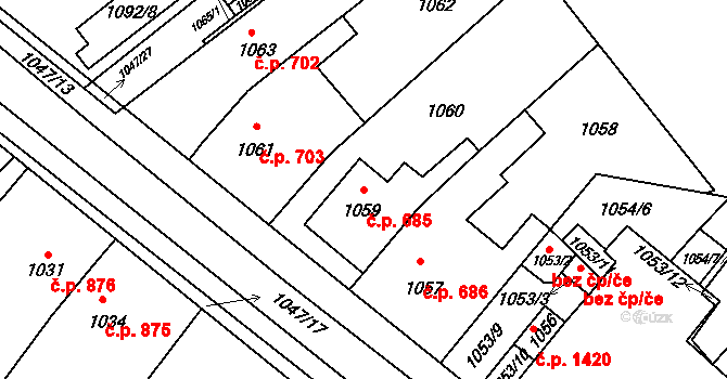 Hustopeče 685 na parcele st. 1059 v KÚ Hustopeče u Brna, Katastrální mapa