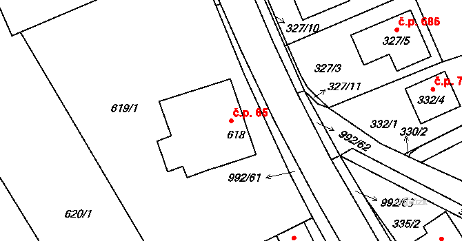 Srubec 65 na parcele st. 618 v KÚ Srubec, Katastrální mapa