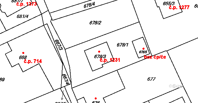 Bystřice 1231 na parcele st. 678/3 v KÚ Bystřice nad Olší, Katastrální mapa