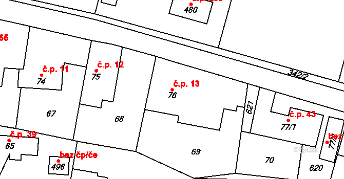 Tmaň 13 na parcele st. 76 v KÚ Tmaň, Katastrální mapa