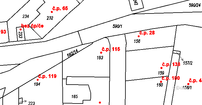 Stehelčeves 115 na parcele st. 183 v KÚ Stehelčeves, Katastrální mapa