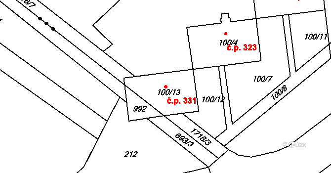 Jirny 331 na parcele st. 100/13 v KÚ Jirny, Katastrální mapa