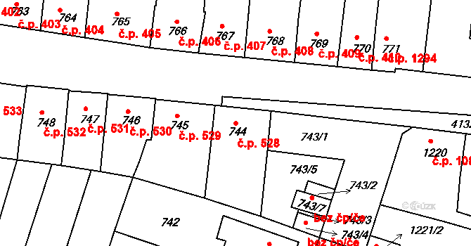 Roudnice nad Labem 528 na parcele st. 744 v KÚ Roudnice nad Labem, Katastrální mapa
