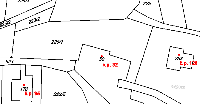 Bradlecká Lhota 32 na parcele st. 59 v KÚ Bradlecká Lhota, Katastrální mapa