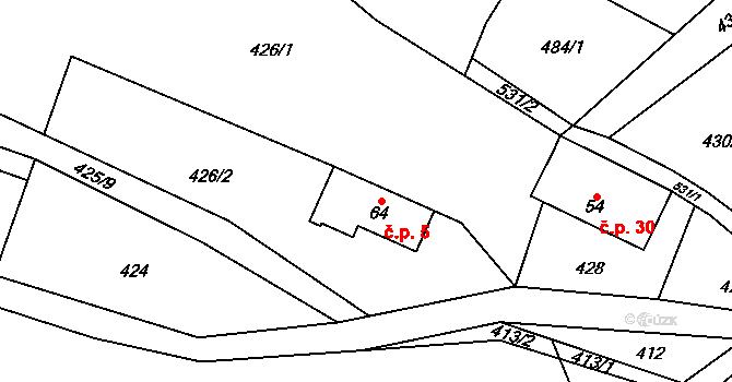 Horní Javoří 5, Pecka na parcele st. 64 v KÚ Horní Javoří, Katastrální mapa