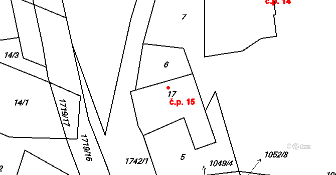 Lodhéřov 15 na parcele st. 17 v KÚ Lodhéřov, Katastrální mapa