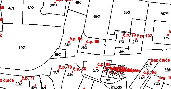 Podklášteří 66, Třebíč na parcele st. 34/2 v KÚ Podklášteří, Katastrální mapa