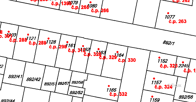 Horka-Domky 329, Třebíč na parcele st. 1163 v KÚ Třebíč, Katastrální mapa