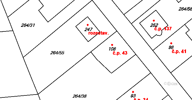 Sadová 43 na parcele st. 108 v KÚ Sadová u Sovětic, Katastrální mapa