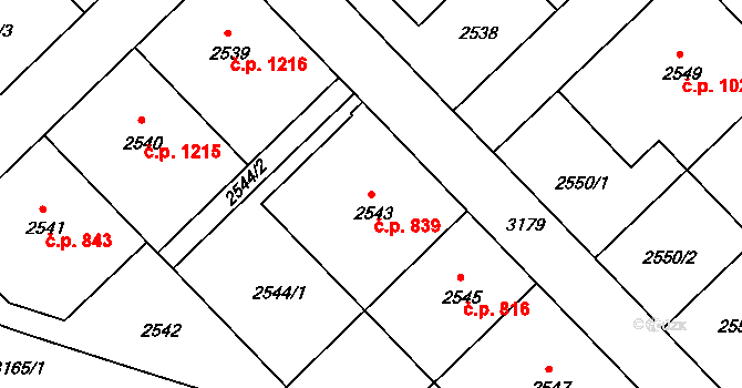 Nusle 839, Praha na parcele st. 2543 v KÚ Nusle, Katastrální mapa