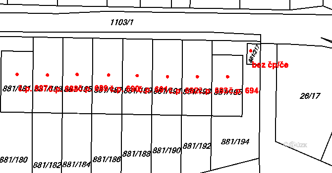 Čimice 692, Praha na parcele st. 881/191 v KÚ Čimice, Katastrální mapa