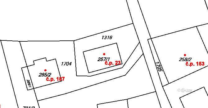 Pilníkov 23 na parcele st. 257/1 v KÚ Pilníkov I, Katastrální mapa