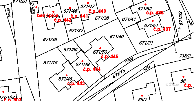 Dolní Měcholupy 445, Praha na parcele st. 671/50 v KÚ Dolní Měcholupy, Katastrální mapa