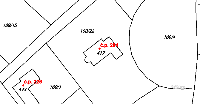 Tišice 204 na parcele st. 417 v KÚ Tišice, Katastrální mapa
