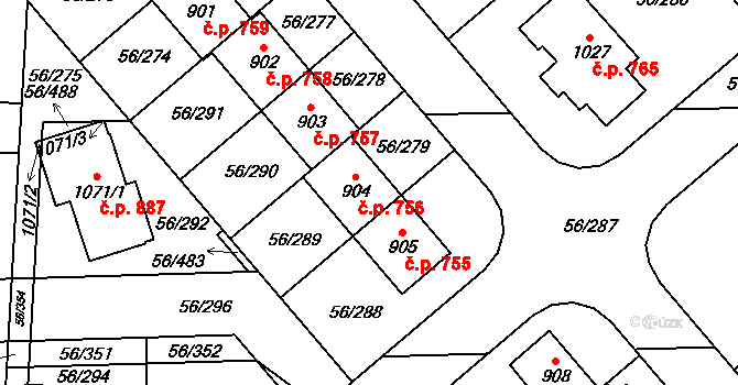 Hovorčovice 756 na parcele st. 904 v KÚ Hovorčovice, Katastrální mapa