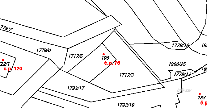 Kladná Žilín 76, Luhačovice na parcele st. 196 v KÚ Kladná Žilín, Katastrální mapa