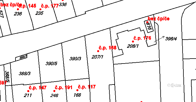 Prštné 168, Zlín na parcele st. 207/1 v KÚ Prštné, Katastrální mapa