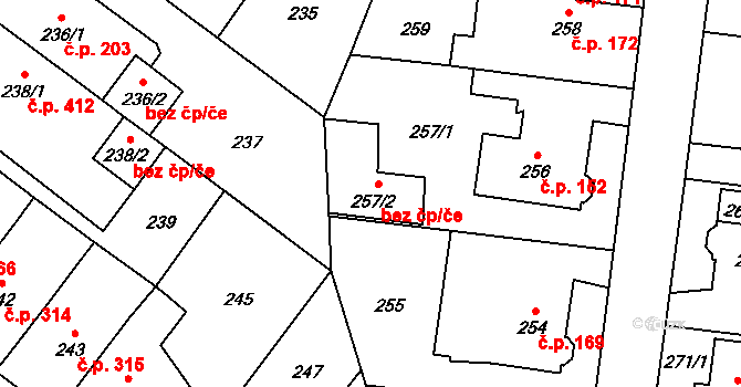 Praha 46834435 na parcele st. 257/2 v KÚ Kyje, Katastrální mapa