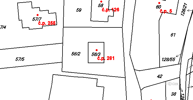 Chlebovice 281, Frýdek-Místek na parcele st. 56/3 v KÚ Chlebovice, Katastrální mapa