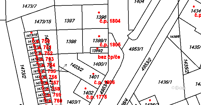 Louny 54025435 na parcele st. 1399/2 v KÚ Louny, Katastrální mapa