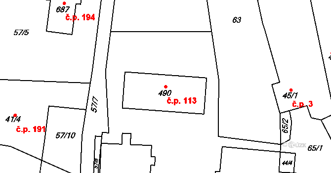 Kytín 113 na parcele st. 490 v KÚ Kytín, Katastrální mapa