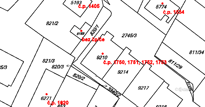Bílé Předměstí 1750,1751,1752,1753, Pardubice na parcele st. 9210 v KÚ Pardubice, Katastrální mapa