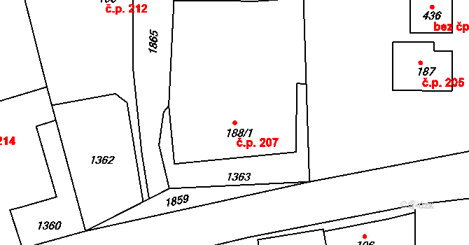 Hrabišín 207 na parcele st. 188/1 v KÚ Hrabišín, Katastrální mapa