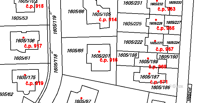 Modřice 916 na parcele st. 1605/201 v KÚ Modřice, Katastrální mapa