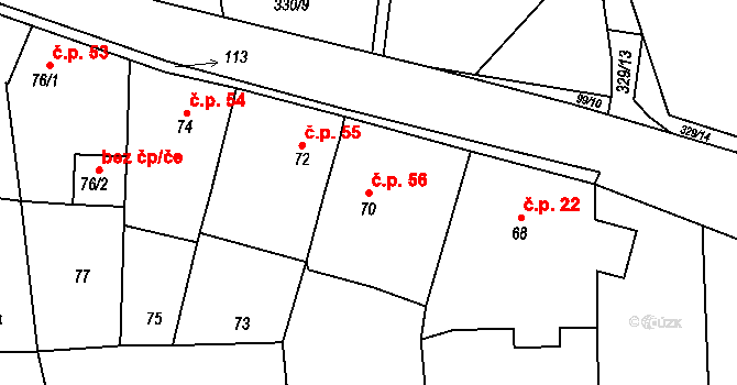 Trubín 56 na parcele st. 70 v KÚ Trubín, Katastrální mapa