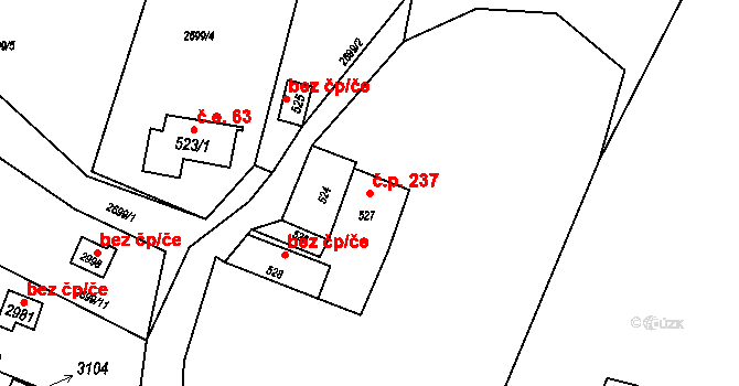 Rožnov pod Radhoštěm 237 na parcele st. 527 v KÚ Rožnov pod Radhoštěm, Katastrální mapa