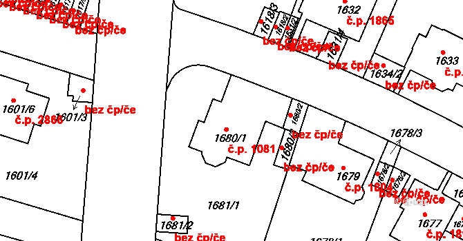 Teplice 1081 na parcele st. 1680/1 v KÚ Teplice, Katastrální mapa