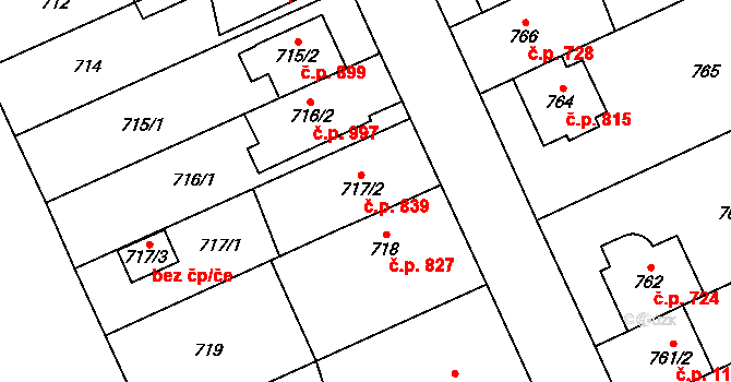 Chodov 839, Praha na parcele st. 717/2 v KÚ Chodov, Katastrální mapa