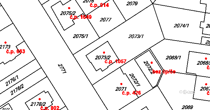 Kyje 1057, Praha na parcele st. 2073/2 v KÚ Kyje, Katastrální mapa