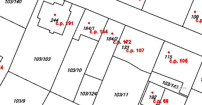 Břežany II 172 na parcele st. 184/2 v KÚ Břežany II, Katastrální mapa
