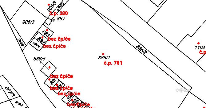 Buchlovice 781,782 na parcele st. 886/1 v KÚ Buchlovice, Katastrální mapa