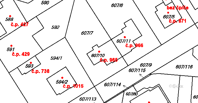 Bolevec 965, Plzeň na parcele st. 607/10 v KÚ Bolevec, Katastrální mapa