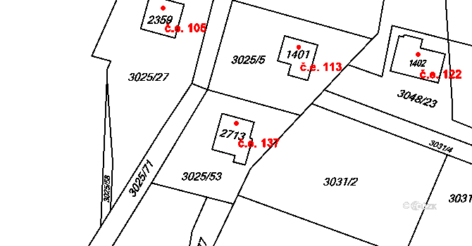 Rožnov pod Radhoštěm 137 na parcele st. 2713 v KÚ Rožnov pod Radhoštěm, Katastrální mapa
