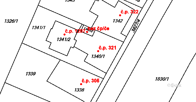 Stará Bělá 321, Ostrava na parcele st. 1340/1 v KÚ Stará Bělá, Katastrální mapa