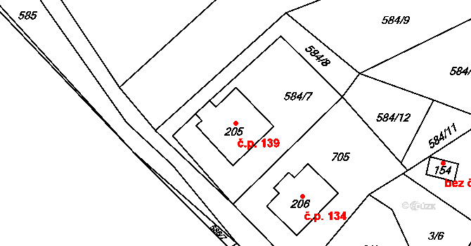 Jeníkov 139 na parcele st. 205 v KÚ Jeníkov u Hlinska, Katastrální mapa