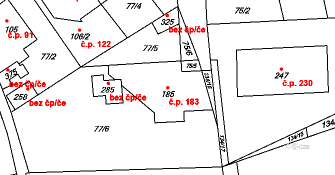 Cvrčovice 183 na parcele st. 185 v KÚ Cvrčovice, Katastrální mapa