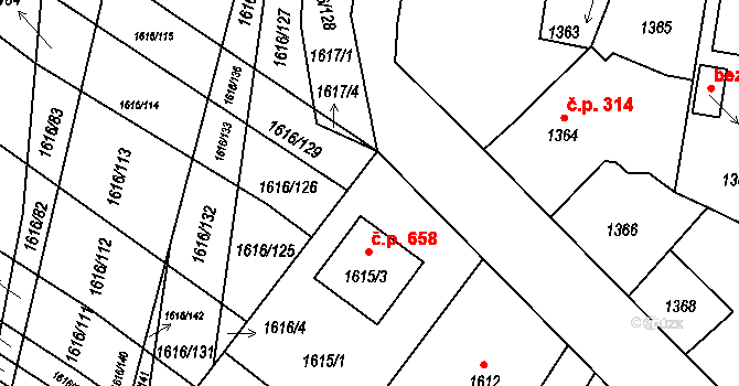 Veselí nad Lužnicí II 658, Veselí nad Lužnicí na parcele st. 1615/3 v KÚ Veselí nad Lužnicí, Katastrální mapa