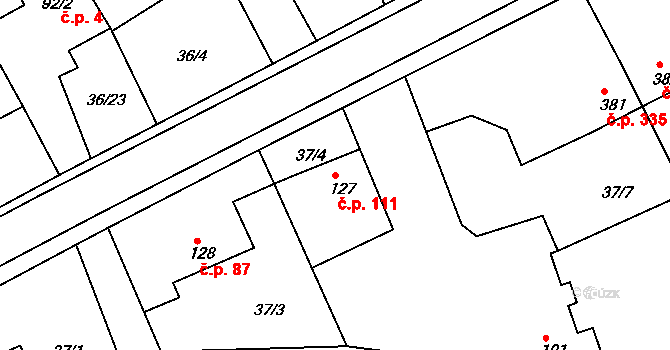 Dobřív 111 na parcele st. 127 v KÚ Dobřív, Katastrální mapa