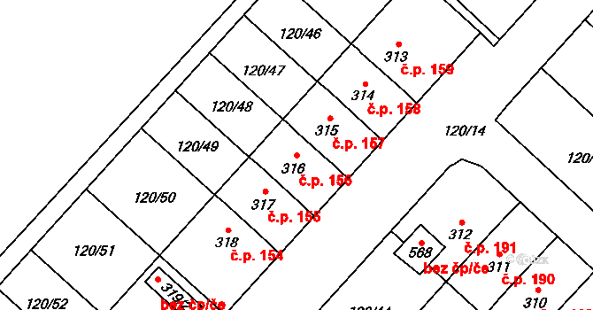 Trnová 156, Pardubice na parcele st. 316 v KÚ Trnová, Katastrální mapa