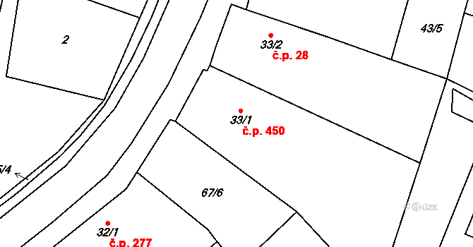 Velká Hleďsebe 450 na parcele st. 33/1 v KÚ Velká Hleďsebe, Katastrální mapa