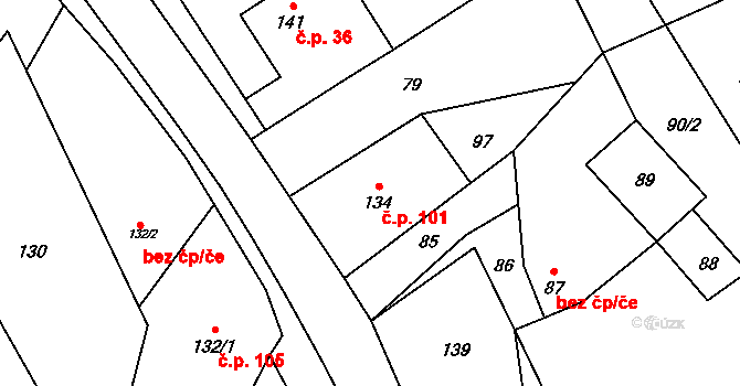 Olbramice 101 na parcele st. 134 v KÚ Olbramice, Katastrální mapa
