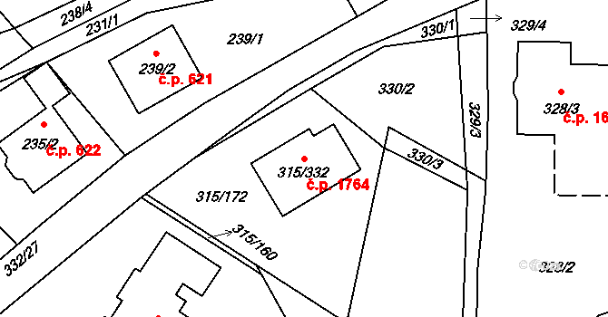 Kunovice 1764 na parcele st. 315/332 v KÚ Kunovice u Uherského Hradiště, Katastrální mapa