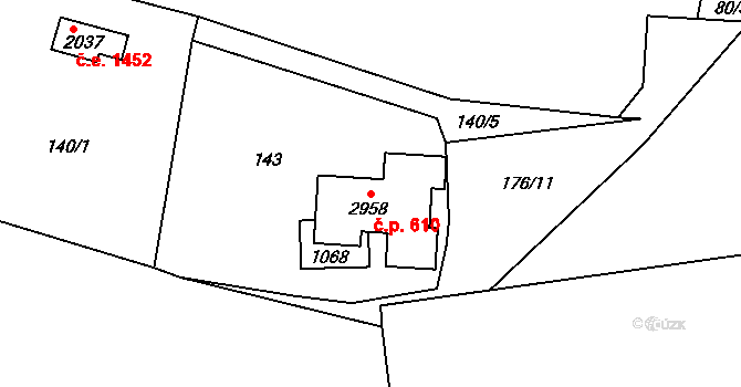 Rajchardov 610, Hradištko na parcele st. 2958 v KÚ Hradištko pod Medníkem, Katastrální mapa