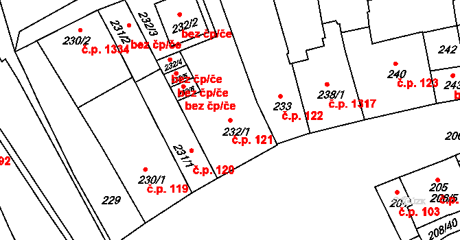 Holešov 121 na parcele st. 232/1 v KÚ Holešov, Katastrální mapa