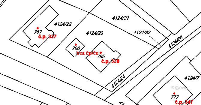 Olbramovice 338 na parcele st. 765 v KÚ Olbramovice u Moravského Krumlova, Katastrální mapa